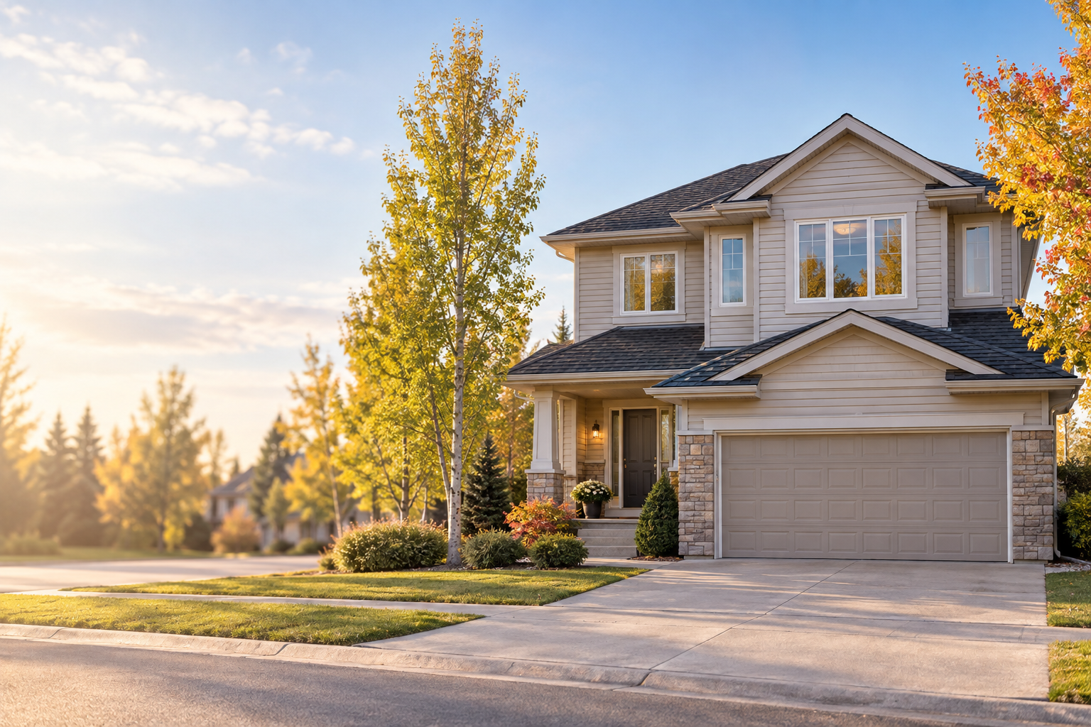 A two-storey home with an attached garage and autumn trees, illustrating an Edmonton-area property